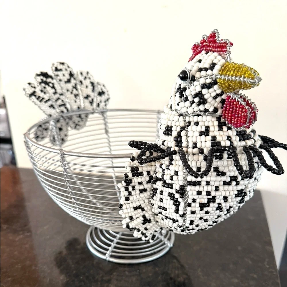 Wire Basket with Beaded Chicken Design Egg Holder